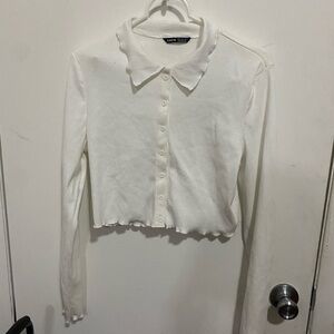 SHEIN Cream Ribbed Button-Front Polo Cardigan